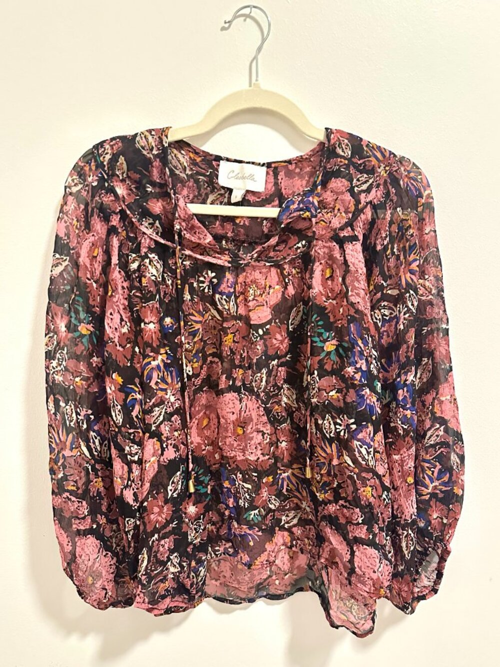 Cleobella Floral Peasant Blouse Boho Sheer Tie Neck Top | Size S